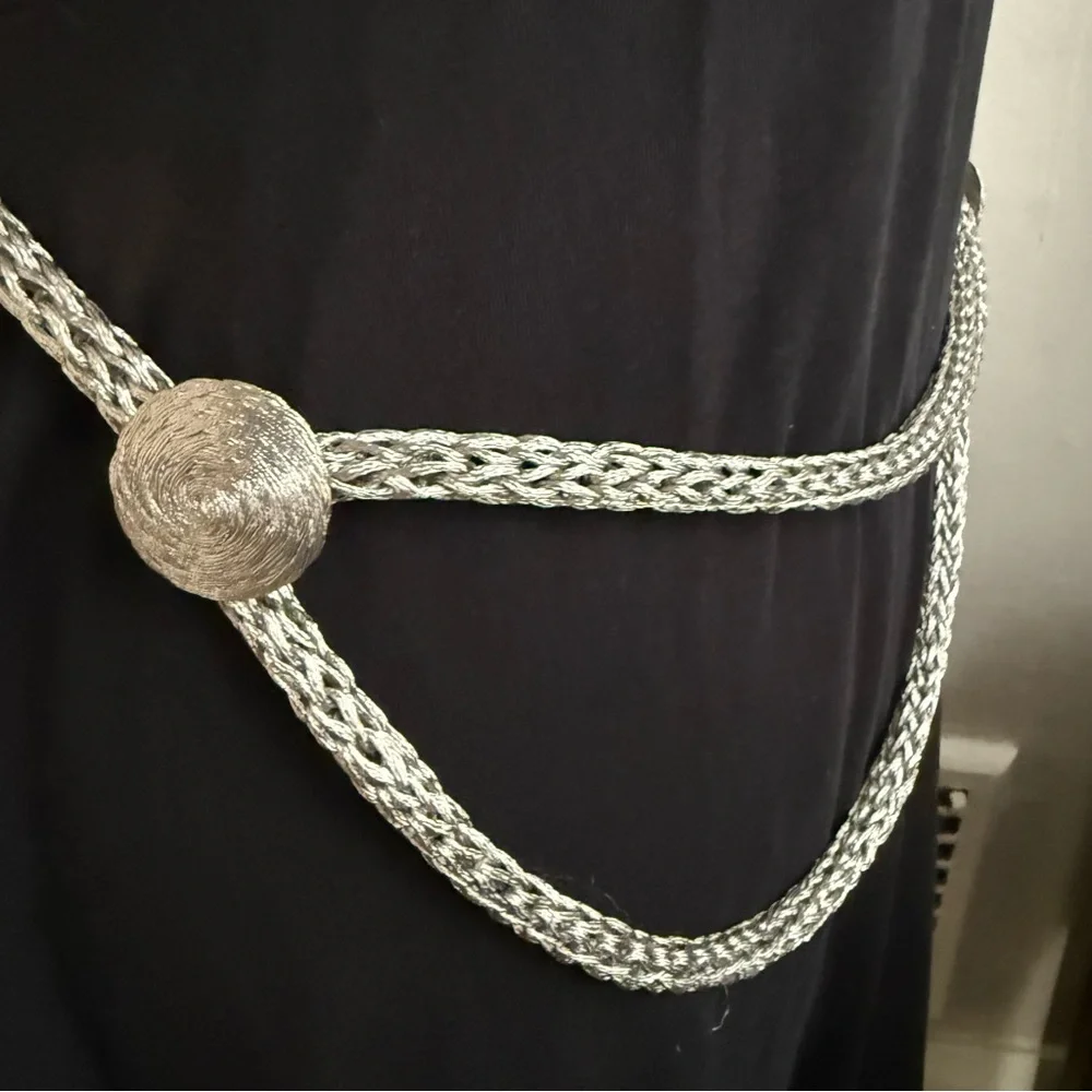 Vintage Silver Braided Rope Belt 70s Boho Glam w/ Hook Closure 46”